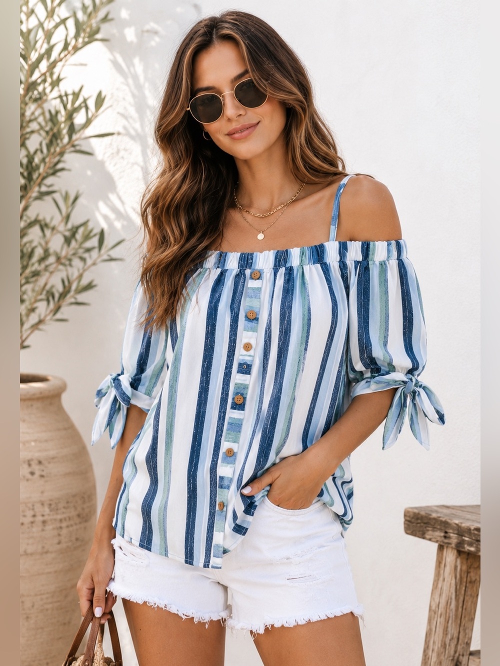 Boho Coastal Striped Off Shoulder Tie Sleeve Top Blue White Peasant Blouse Boho